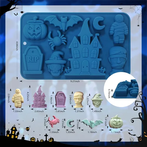 Miniatura 2 de Sidosir 2 moldes de silicona para gomitas de chocolate con castillo de Halloween, calabaza, murciélago, araña para postre de mousse, momia