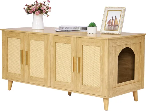Miniatura 9 de Homhedy Caja de arena bohemia para gatos para 2 gatos, muebles de madera para baño de gatos con puertas decoradas de ratán doble, casa de mascotas