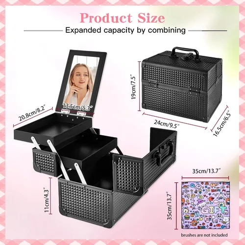 Miniatura 3 de Neceser de Tren de Maquillaje, Estuche de Maquillaje Portátil con Espejo, Organizador de Cosméticos de 2 Bandejas, Organizador de Esmalte de Uñas