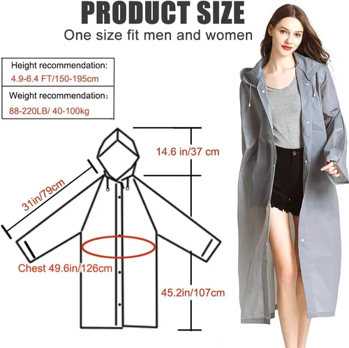 Miniatura 15 de Abrigos de lluvia (paquete de 2) – Ponchos de lluvia reutilizables de EVA para adultos, chaquetas impermeables para hombres y mujeres
