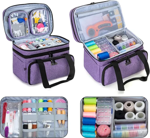 Miniatura 2 de BAFASO Organizador de accesorios de costura de doble capa con 2 bolsas desmontables, bolsa de almacenamiento grande para herramientas de costura