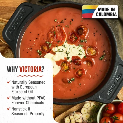 Miniatura 2 de Victoria Horno holandés de hierro fundido de 2 cuartos de galón con tapa y asas dobles, sazonado con aceite de linaza, fabricado en Colombia