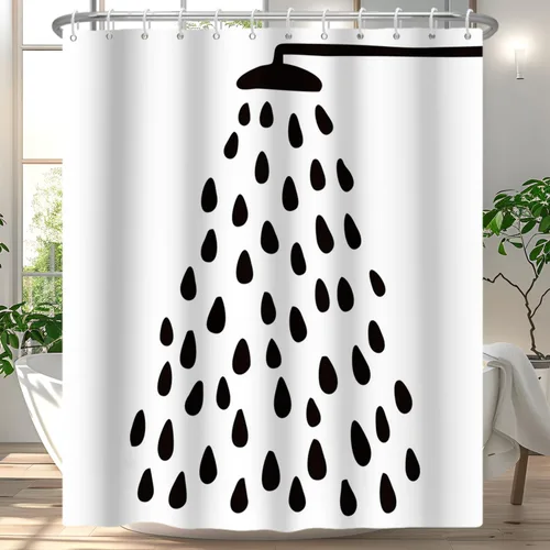 Miniatura 12 de Cortina de ducha en blanco y negro, divertido cabezal de ducha y gotas de agua, cortinas de ducha para baño, lavable a máquina, cortina de tela