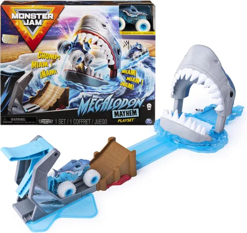 Monster Jam, set de juego oficial de Megalodon Mayhem con camión monstruo fundido a presión exclusivo a escala 1:64