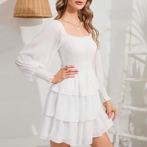Miniatura 7 de Byinns Vestido de manga larga con volantes y cuello cuadrado para mujer, estampado floral, con lazo en la espalda, vestido mini con vuelo en capas
