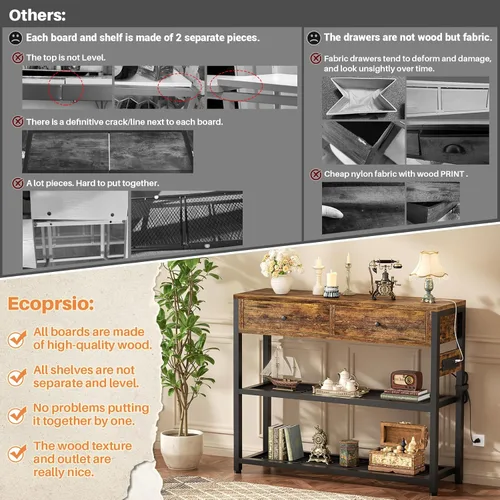 Miniatura 4 de Ecoprsio Mesa de entrada con salidas y puertos USB, mesa consola con 2 cajones, mesa de sofá pequeña con estantes de almacenamiento para sala