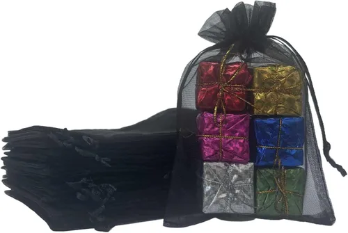 Miniatura 38 de Paquetes de 50 bolsas de organza de regalo de 4 x 6 pulgadas, cordón negro a granel para baby shower, Navidad, cumpleaños de profesores, recuerdos