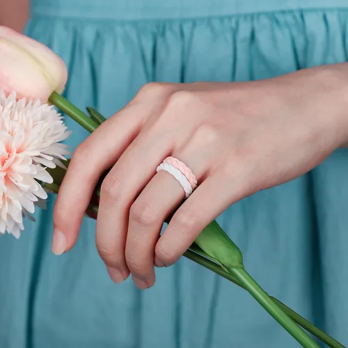 Miniatura 56 de Egnaro Anillos de boda de silicona para ella, conjuntos de novia de goma para mujer, bandas finas, diseño trenzado de hojas apilables con ranuras