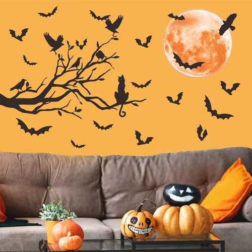 Miniatura 3 de Halloween Moon Wall Sticker Black Bat Wall Stickers Vinyl Crow Bird Tree Branch Wall Decals Removable Halloween Moon Bat Wall Decals Bats Window