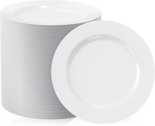 FOCUSLINE 100 platos blancos de plástico desechables para postre de 7 pulgadas, platos de plástico resistentes desechables para bodas, fiestas y