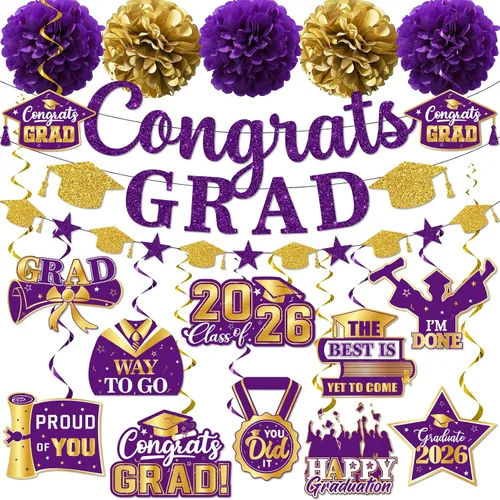Miniatura 10 de Decoraciones de graduación 2026, pancarta de felicitaciones con purpurina, espirales colgantes y pompones de tela, decoraciones de graduación negras