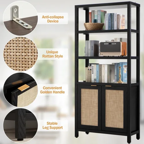 Miniatura 5 de Estantería SICOTAS de 5 niveles, estante de libros de ratán estilo bohemio de 71" de altura con puertas, estantes de almacenamiento, estanterías