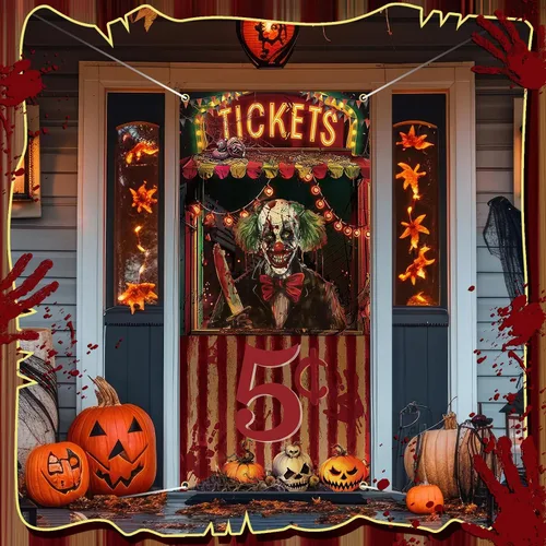 Miniatura 3 de Preboun Decoraciones de carnaval de Halloween, cubierta de puerta de Halloween, accesorio para taquilla de boletos de circo, cartel espeluznante