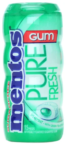 MENTOS Goma de mascar pura y fresca sin azúcar con xilitol, menta verde, no se derrite, botella de 15 piezas
