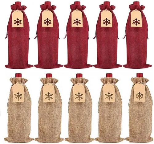 LOKIPA Bolsas de vino de arpillera, 12 bolsas de vino de yute navideño con cordones y etiquetas para fiesta Bolsa de arpillera de vino2
