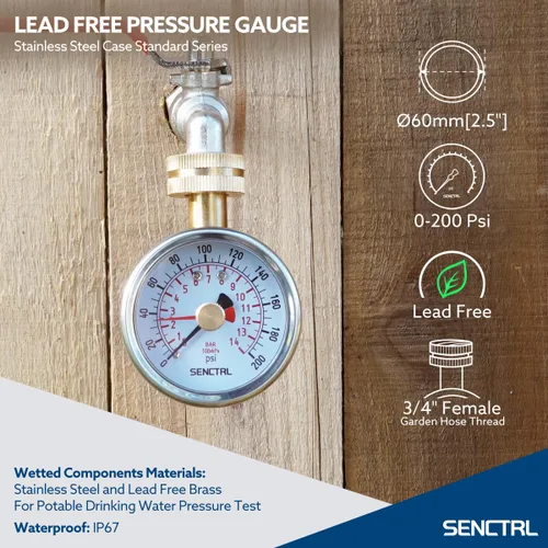 Miniatura 2 de SENCTRL Manómetro de presión de agua de 0-200 psi con aguja de máxima, sin plomo, impermeable, tamaño de dial de 2.5 pulgadas, rosca de manguera