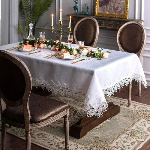 Miniatura 2 de ARTABLE Mantel rectangular de tela de encaje con borde de macramé, manteles de cocina bordados transparentes para elegantes mesas largas de Blanco