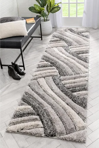Miniatura 13 de Tapete peludo de felpa suave con textura en 3D, diseño de rayas geométricas, color azul y gris, grueso y suave