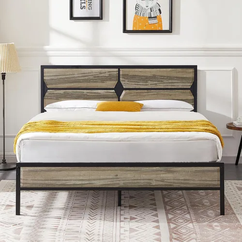 Miniatura 13 de VECELO Base de cama individual tamaño individual con cabecera y estribo de madera, base de colchón de plataforma de metal con fuerte soporte