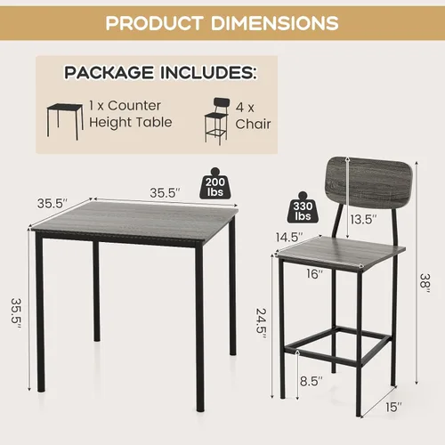 Miniatura 6 de KOTEK Juego de mesa de comedor de 5 piezas, mesa de cocina industrial y sillas para 4, juego de comedor que ahorra espacio con taburetes de bar