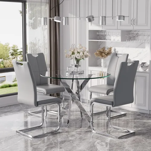 Miniatura 33 de Juego de mesa de comedor redonda moderna de vidrio de 36 pulgadas para 2, mesa de comedor de vidrio con patas cruzadas de metal, mesa de cocina