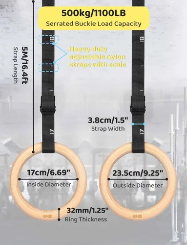 Miniatura 2 de GHB Anillos de gimnasia de madera, anillos olímpicos de 1.25 pulgadas, correas ajustables, juegos de anillos para entrenamiento, peso corporal