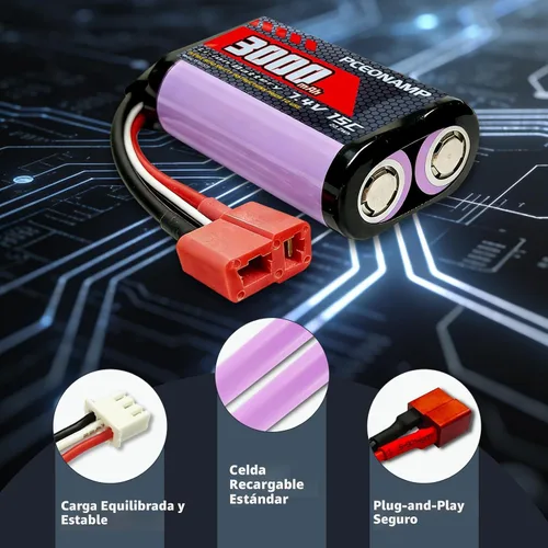 Miniatura 5 de Batería de iones de litio de 7.4V 3000mAh 2S con enchufe en T. Batería recargable para RC de alta velocidad de 4 ruedas motrices y la mayoría
