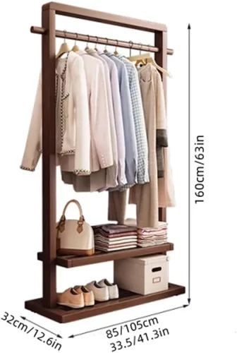 Miniatura 2 de Perchero de bambú para colgar ropa, perchero independiente con estantes dobles, organizador de ropa de pie para dormitorio o armario