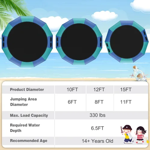 Miniatura 8 de Giantex Trampolín acuático inflable de 10 pies, 12 pies y 15 pies, trampolín flotante con soplador de 500 W y escalera de cuerda de 3 escalones