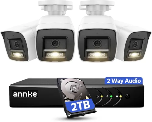 ANNKE Sistema de cámara de seguridad de audio bidireccional de 2 MP, 8CH 3K Lite DVR, 4 cámaras CCTV blancas con cable 1080P con visión nocturna a