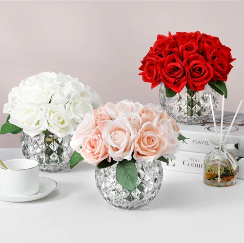 Miniatura 4 de 18 rosas rojas artificiales en jarrón, rosa falsa con jarrón para mesa de comedor, dormitorio, decoración de boda (rojo)