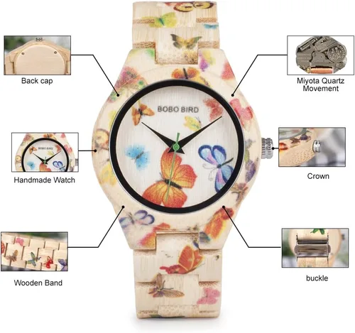 Miniatura 6 de BOBO BIRD Reloj de bambú para mujer, diseño de mariposa, hecho a mano, hecho a mano