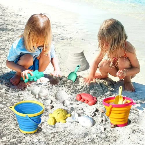 Miniatura 5 de Juguetes de playa plegables para niños y bebés, juego de cubos de arena y palas plegables con bolsas de malla y moldes de arena, juguetes de arena