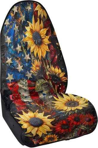 Miniatura 2 de Fundas de Asiento de Coche con Diseño de Sudadera de Girasol y Bandera Estadounidense para Coche, Camión, SUVs, Protector de Asiento Impermeable