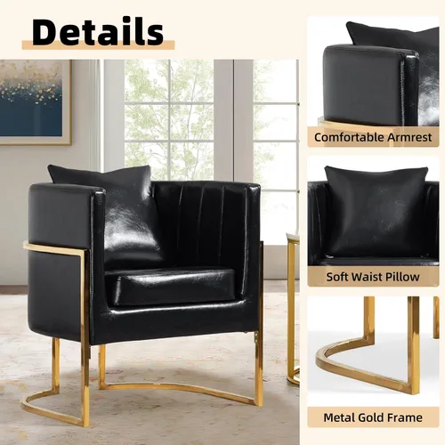 Miniatura 4 de Silla moderna de cuero, sillón tapizado de mediados de siglo con almohada para sala de estar, cómoda silla de tocador individual con patas doradas