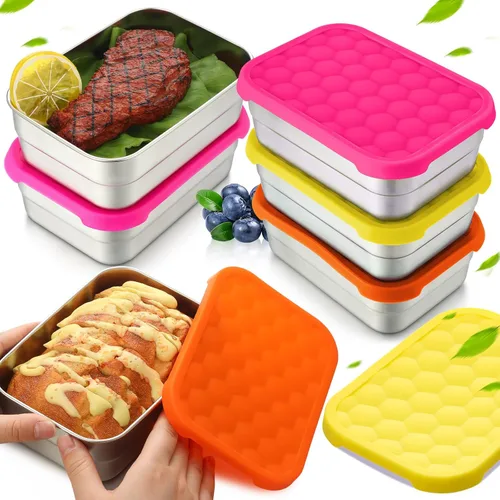 Miniatura 8 de Layhit 6 recipientes de acero inoxidable para niños, recipientes de almuerzo de 25 onzas con tapas de silicona para fugas, caja de aperitivos