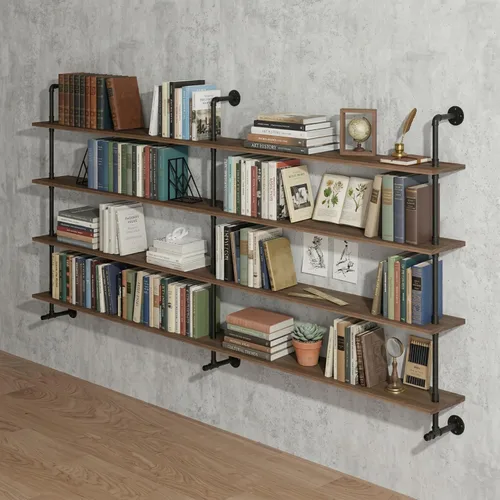 Miniatura 15 de Estantes de pared de tubería industrial con tablón de madera real, estantes flotantes de 48 pulgadas para pared, estantería de libros estilo granja