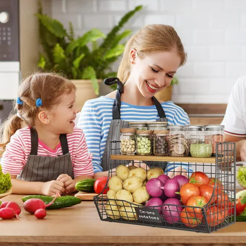 Miniatura 6 de Cesta de Frutas Extra Grande para Cocina con Tapa de Madera y Placa de Identificación – Contenedor de Almacenamiento de Cebolla y Papa Montado