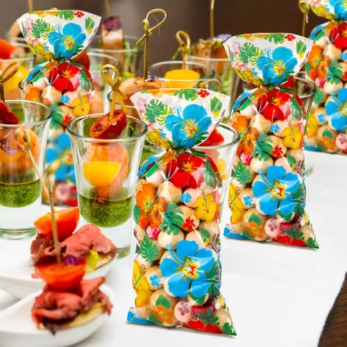 Miniatura 6 de 100 bolsas hawaianas de celofán Luau tropical, Aloha Hibiscus, bolsas de golosinas, suministros para fiestas Tiki, decoraciones Luau con 100 lazos