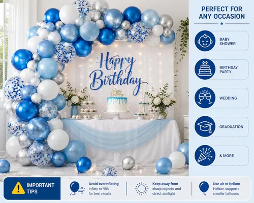 Miniatura 3 de Kit de guirnalda de globos azules y blancos plateados, 60 globos de látex de confeti azul cromado, blanco y plateado de 12 pulgadas para baby