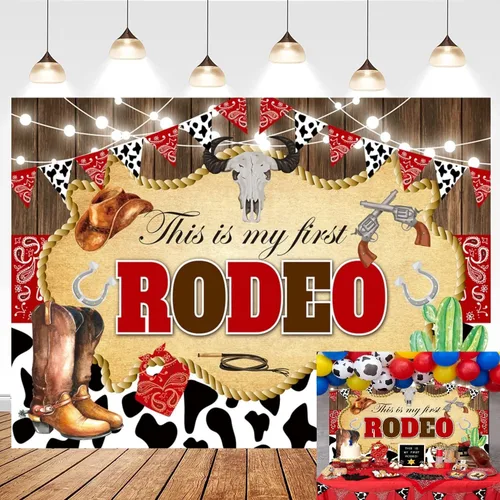 This is My First Rodeo - Telón de fondo de madera de vaquero occidental, estampado de vaca, fondo de cumpleaños, decoración de fiesta de primer