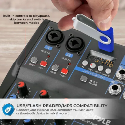 Miniatura 6 de Pyle Mezclador de audio profesional Placa de sonido Interfaz de sistema de consola de 4 canales USB digital Bluetooth MP3 Entrada de computadora 48V