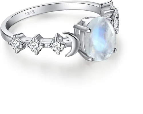 Miniatura 2 de Angol Anillo de piedra lunar auténtica de plata de ley, anillo de fase lunar, ovalado de piedra lunar, circonita cúbica, anillo minimalista