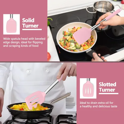 Miniatura 6 de P&P CHEF Juego de 4 utensilios de cocina rosados, espátulas sólidas de silicona, cucharas ranuradas para utensilios de cocina antiadherentes