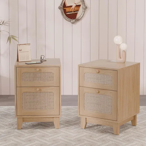 Miniatura 12 de Betterhood Mesitas de noche de ratán con estación de carga, mesitas de noche de madera con cajón y gabinete, mesitas de noche bohemias con USB