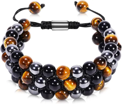 Pulsera de Triple Protección - Para Protección - Trae Suerte y Prosperidad - Hematita - Obsidiana Negra - Ojo de Tigre - Pulsera de Piedra