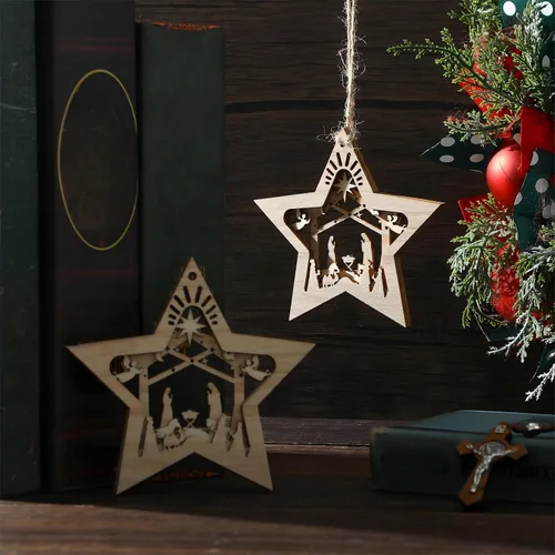 Miniatura 4 de Blulu Juego de 4 piezas de adornos navideños de escena de la natividad, set de regalo a granel, adorno colgante de madera cristiano 3D para árbol