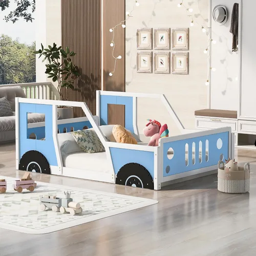 Miniatura 10 de Polibi Cama de plataforma, tamaño individual, cama clásica de madera en forma de automóvil con ruedas, cabecero, estribo, puertas, ventanas