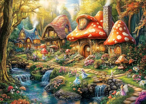 Rompecabezas HENGCHI para adultos, 1000 piezas, arte de fantasía de pueblo de hongos | Encantado cuento de hadas rompecabezas cerebro impulsar marco