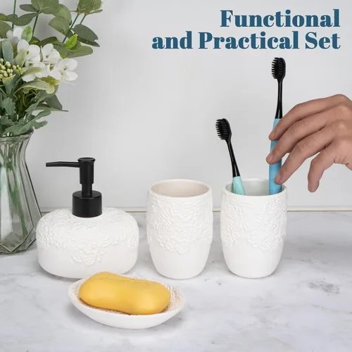 Miniatura 3 de Juego de accesorios de baño, 4 piezas de cerámica con diseño en relieve, dispensador de jabón de baño de 13.5 onzas y 2 vasos de cerámica, 1 jabonera
